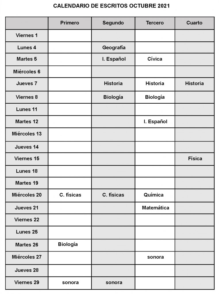 Calendario de escritos Octubre 2021