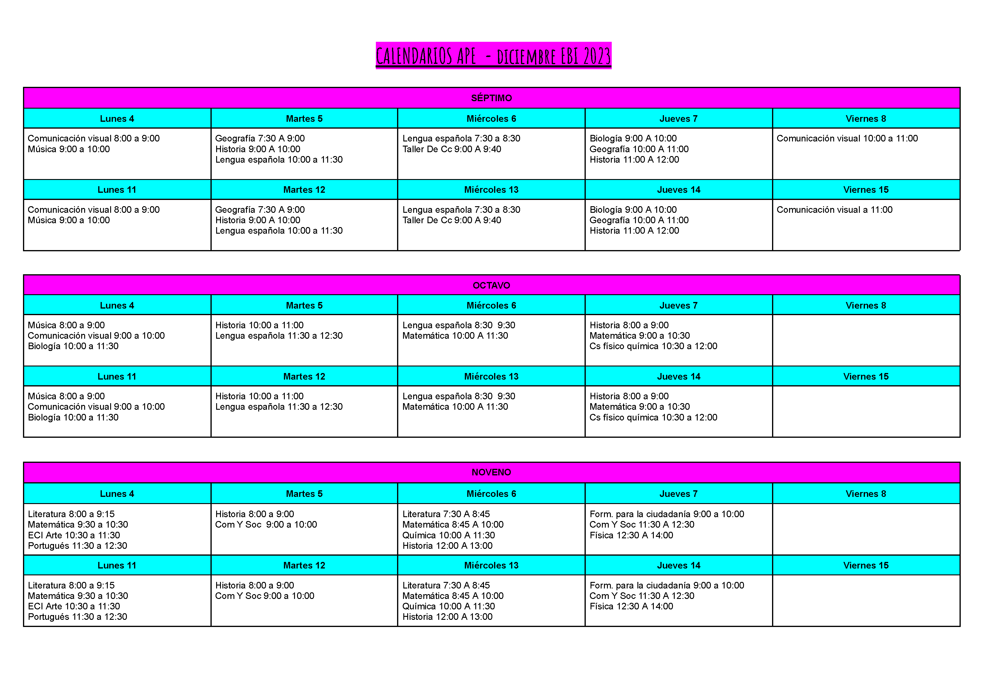 CALENDARIOS APE – diciembre EBI 2023